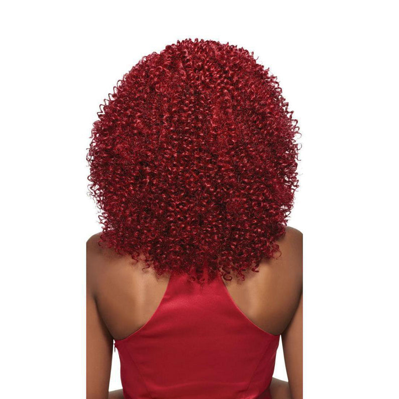 OUTRE 3C whirly loop braiding hair in vibrant burgundy on model with red top