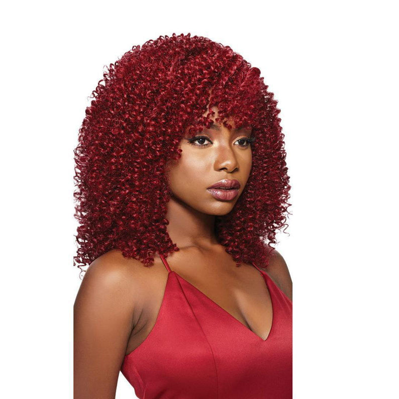 OUTRE 3C whirly loop braiding hair in deep red on woman wearing red top