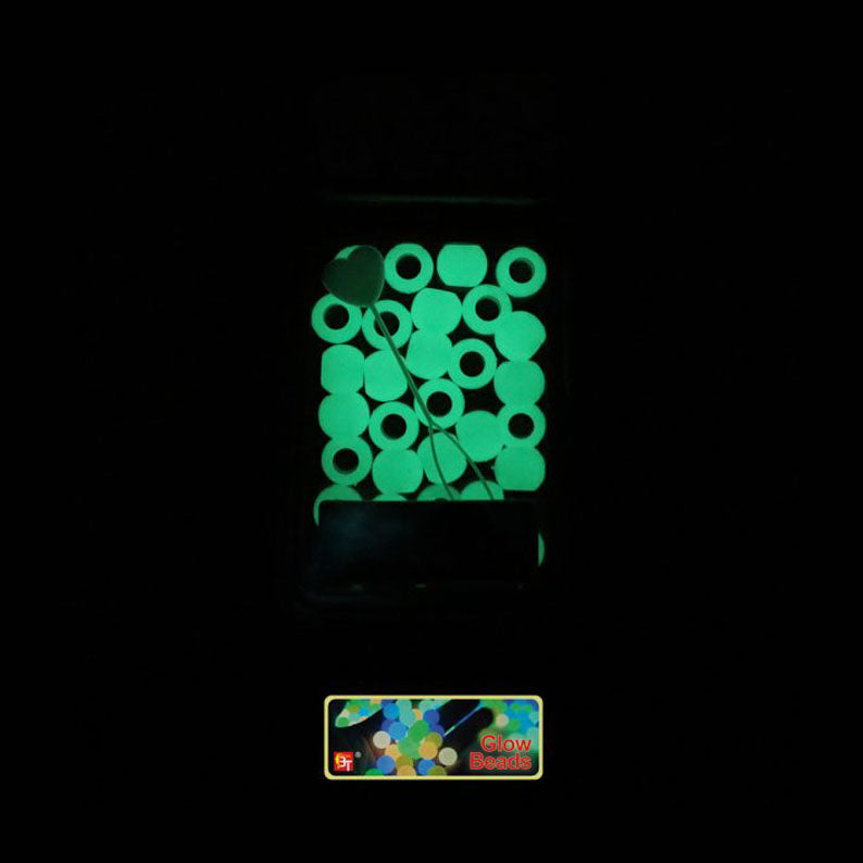 Beauty Town glow beads in various shapes glowing green for crafts and accessories
