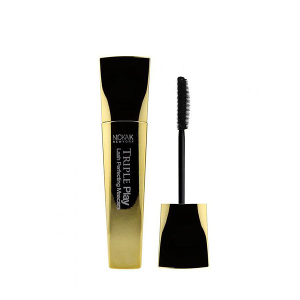 NICKA K Triple Play mascara for volume and length. Gold and black tube with curved brush applicator