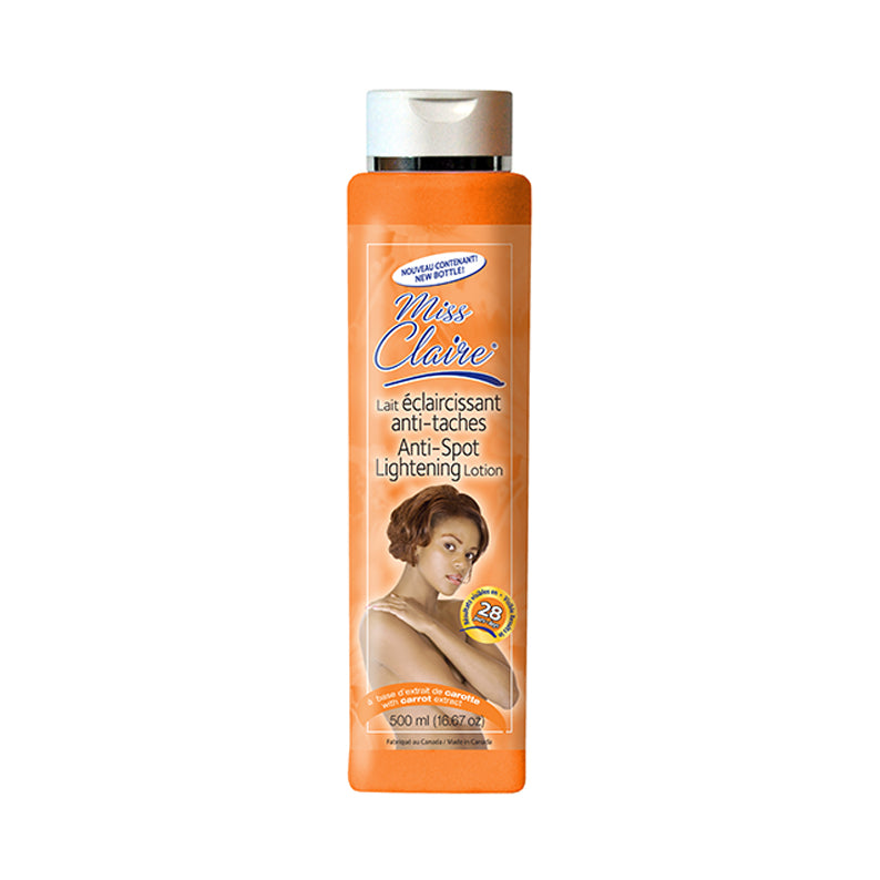 MISS CLAIRE anti-spot brightening lotion orange bottle with white cap and model image