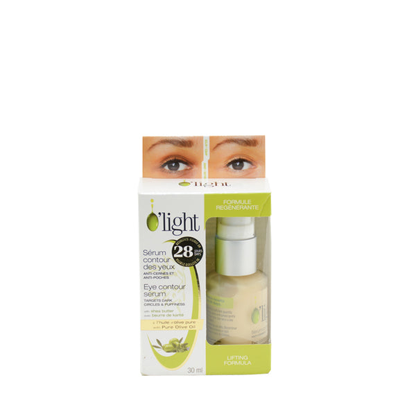 O LIGHT eye contour serum for dark circles boxed 30ml with bottle and before and after eye photos