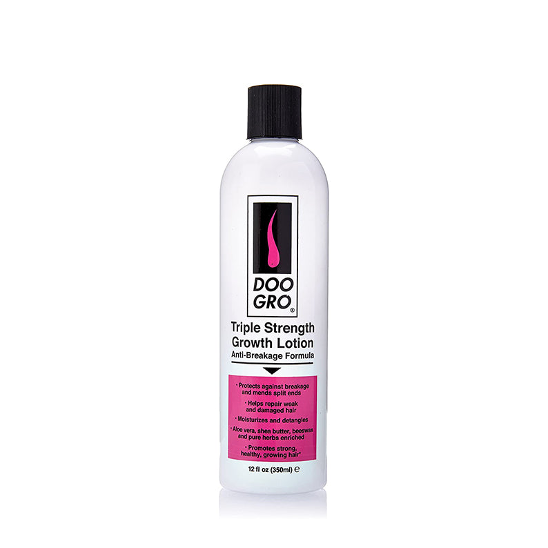 DOO GRO Triple Strength Growth Lotion white bottle with black cap anti-breakage hair lotion for fragile hair