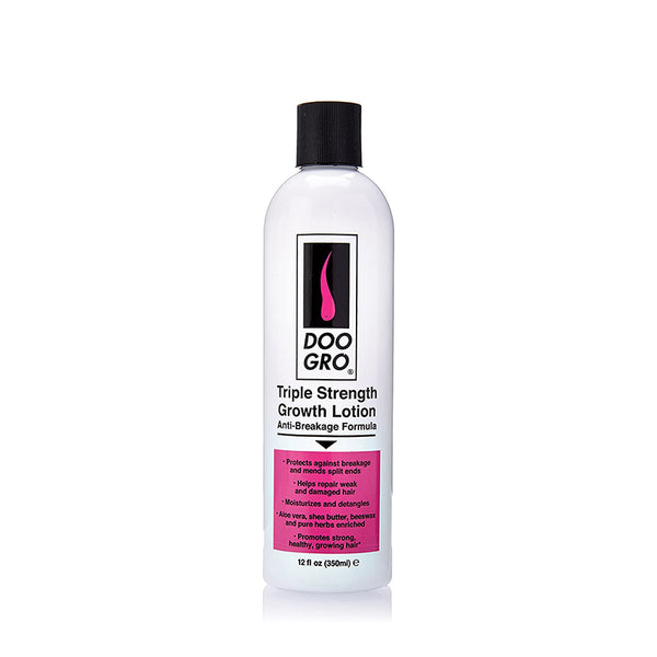 DOO GRO Triple Strength Growth Lotion white bottle with black cap anti-breakage hair lotion for fragile hair