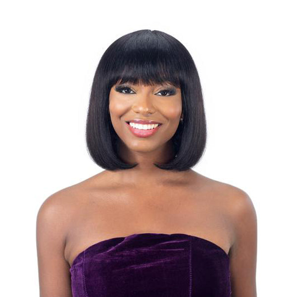 SHAKE N GO Brazilian human hair wig sleek straight bob with bangs on model in purple strapless top