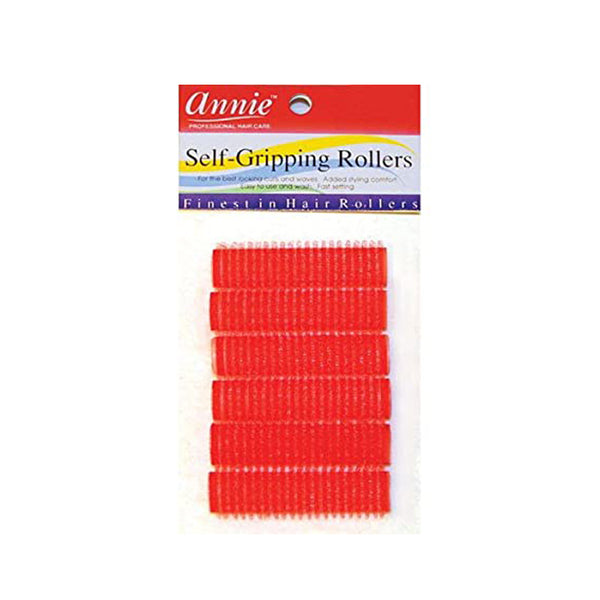 ANNIE pack of red self-gripping hair rollers on card packaging for styling and curl setting