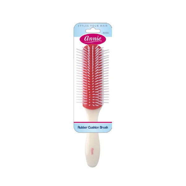 ANNIE large rubber cushion hair brush with red rubber pad white bristles cream handle in retail card