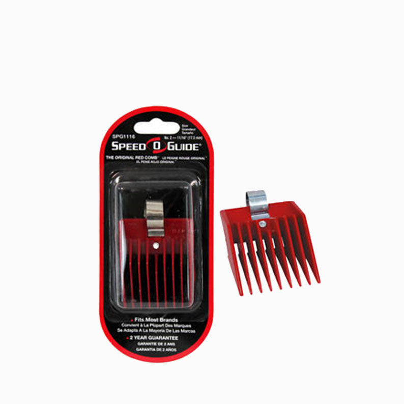 SPEED O GUIDE 11/16 inch clipper guard red plastic with metal attachment shown packaged and loose for hair trimming