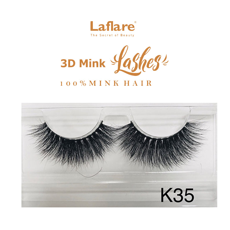 LAFLARE 3D faux mink lashes K35 dramatic voluminous black strip lashes in clear plastic case