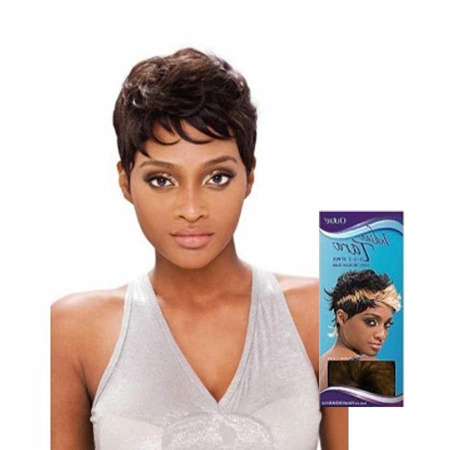 OUTRE short pixie hair wig in dark brown modeled by woman with packaging showing blonde highlighted style