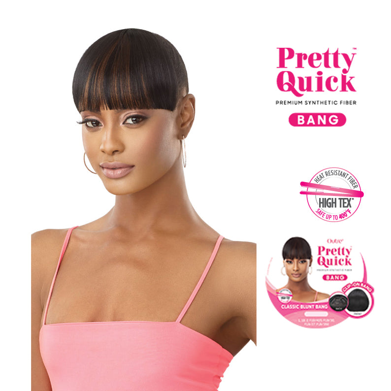OUTRE classic blunt bang wig in straight black synthetic fiber shown on model with pink tank top