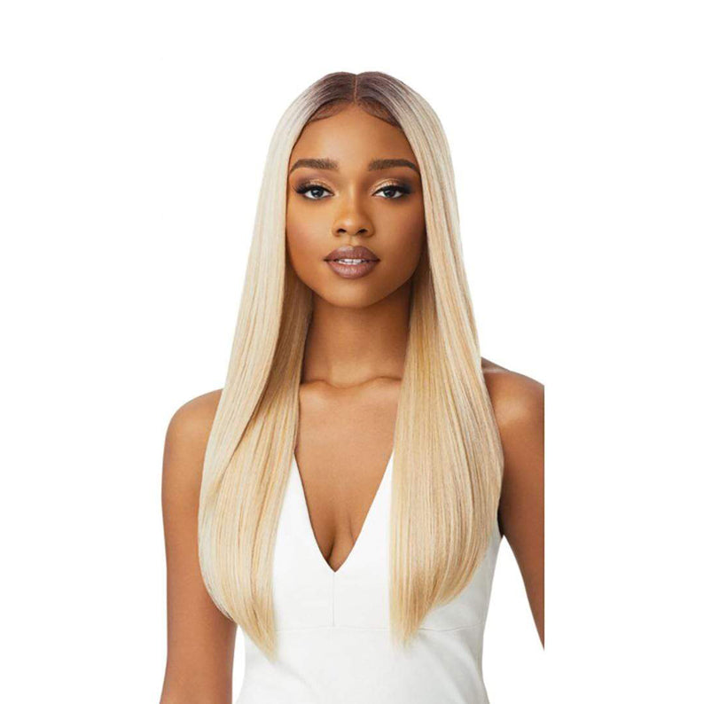 OUTRE synthetic lace front wig blonde long straight center part with natural dark roots for sleek style