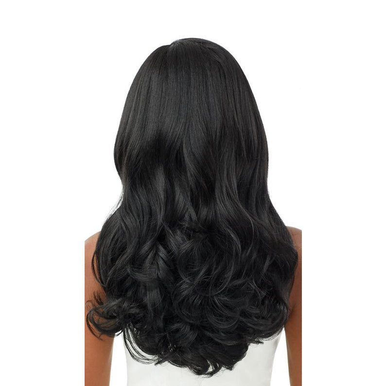 OUTRE long black wavy wig shown from the back with soft curls and natural shine