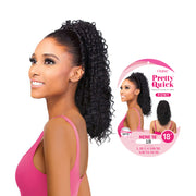 Outre Pretty Quick Nene 18 inch 1B curly ponytail hair extension shown on model in high ponytail