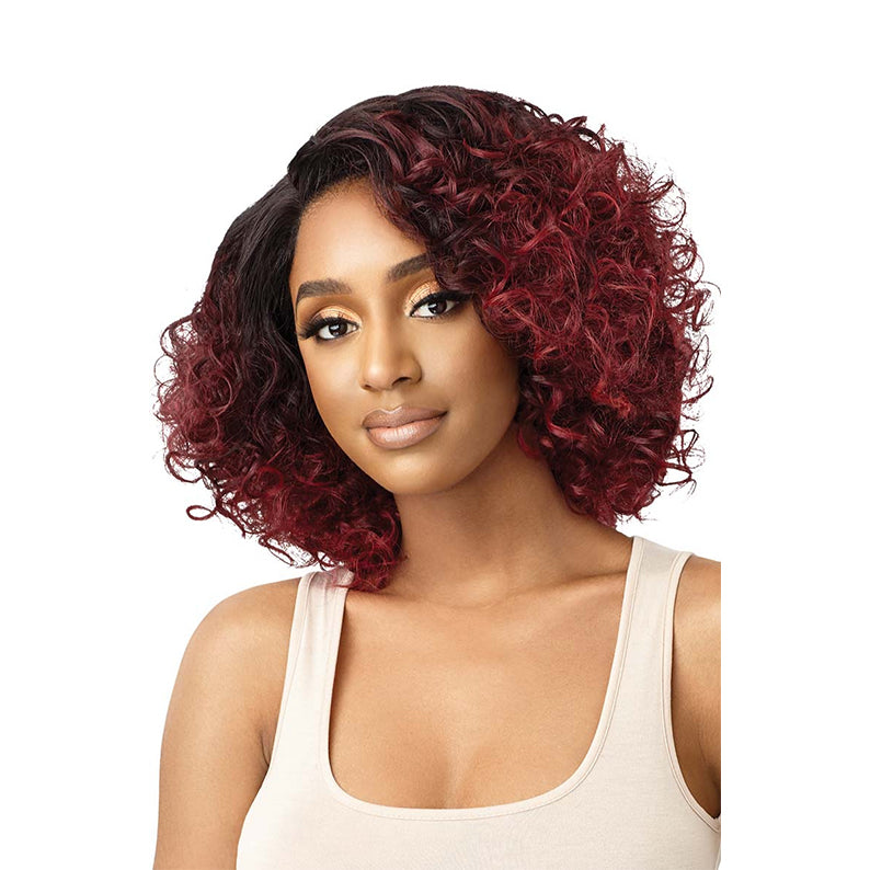 OUTRE lace front synthetic wig with short curly burgundy and black hair on woman