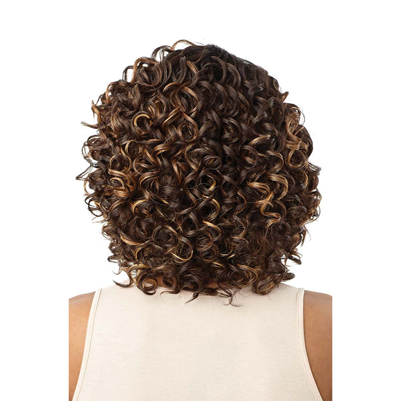 OUTRE lace front synthetic wig with short curly brown hair and honey blonde highlights