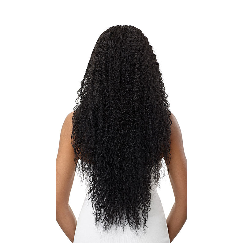OUTRE long black curly wig pre-braided lace frontal wig back view on model showing length