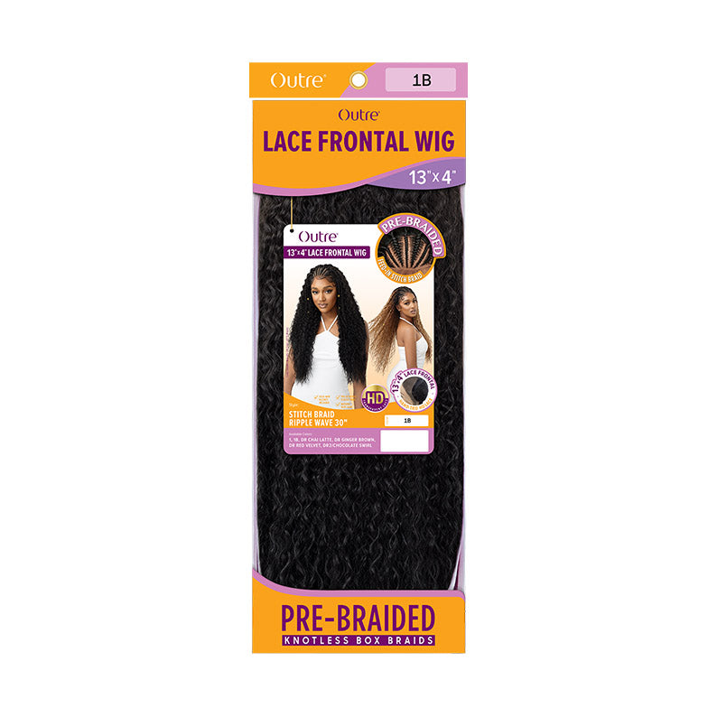 OUTRE pre-braided lace frontal wig 13x4 knotless box braids 1B black ripple wave packaging