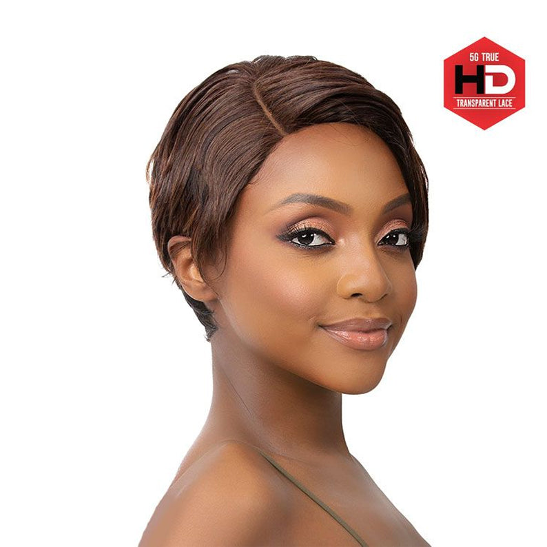 Model wearing HD lace front wig BECCA short textured brown pixie with natural side part and hairline