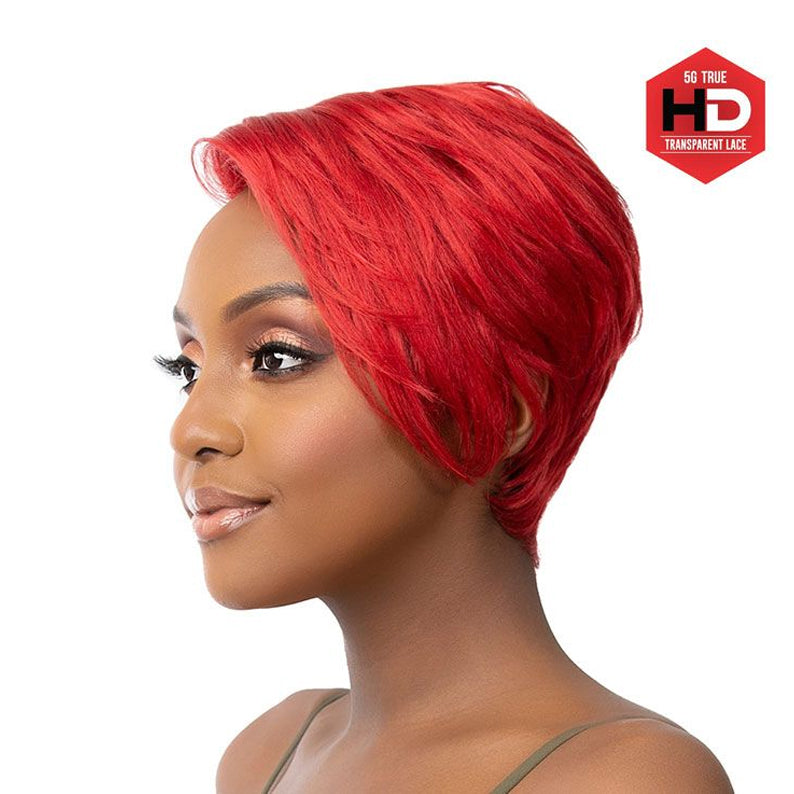 Model wearing bright red short bob HD lace front wig BECCA with natural hairline and layered pixie cut