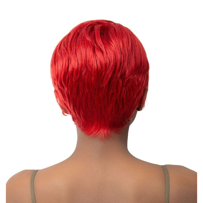 Back view of vibrant red short pixie HD lace front wig BECCA on mannequin showing layered textured cut