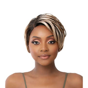 HD lace front wig BECCA short layered blonde highlight pixie on model showing natural hairline and side sweep