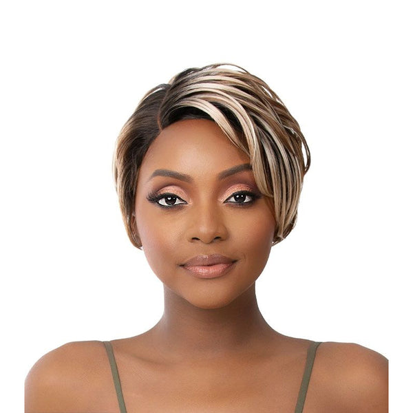 HD lace front wig BECCA short layered blonde highlight pixie on model showing natural hairline and side sweep