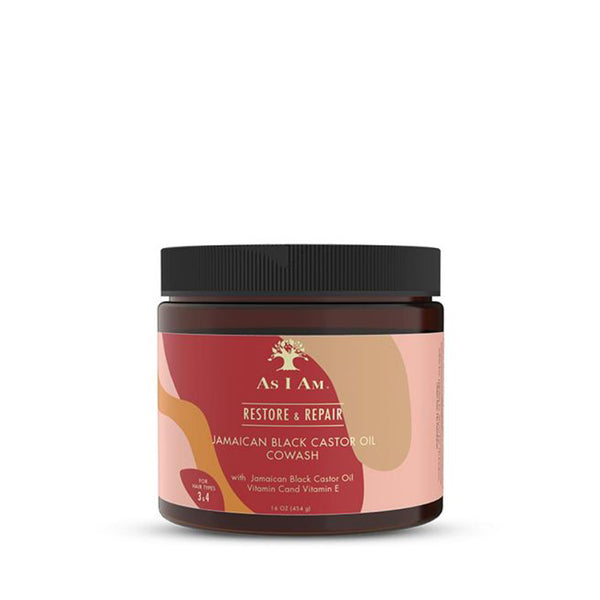 AS I AM Jamaican Black Castor Oil cowash in amber jar with black lid for restore and repair hair care