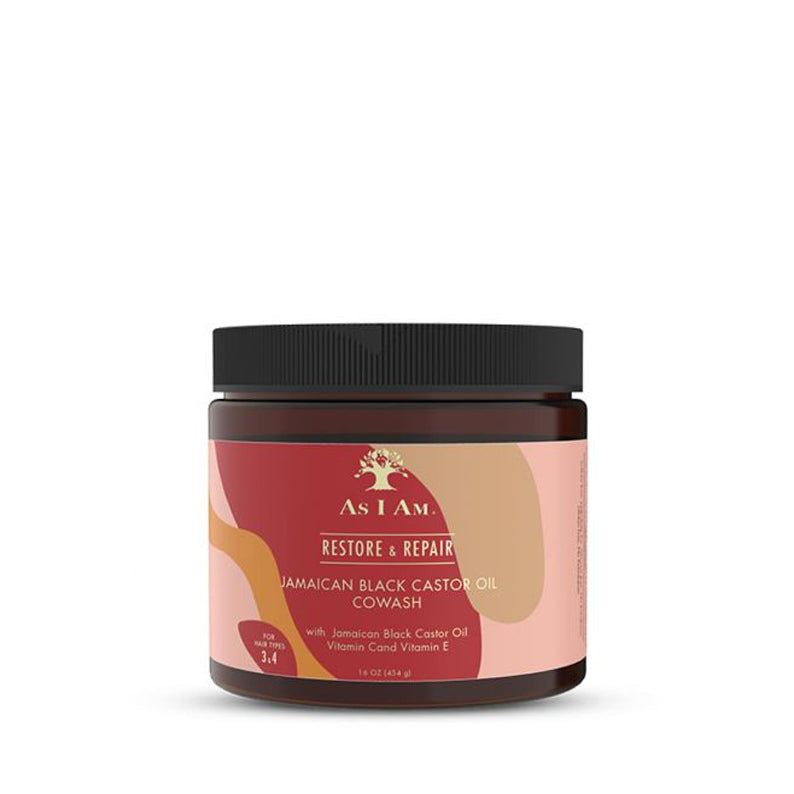 AS I AM Jamaican Black Castor Oil cowash in amber jar with black lid for restore and repair hair care