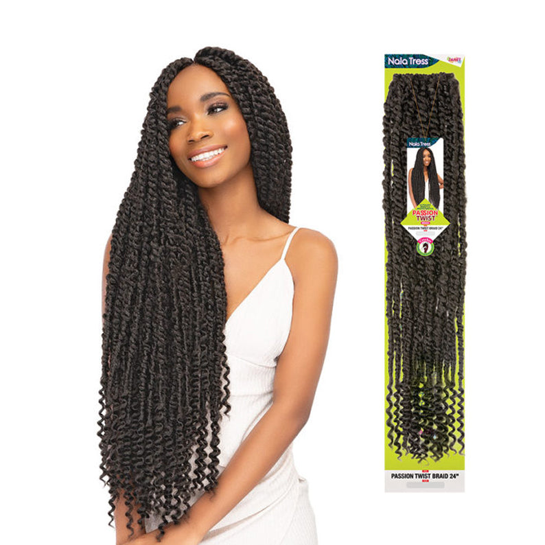 Model wearing Janet passion twist braid hair 24 inch long black twists with product packaging