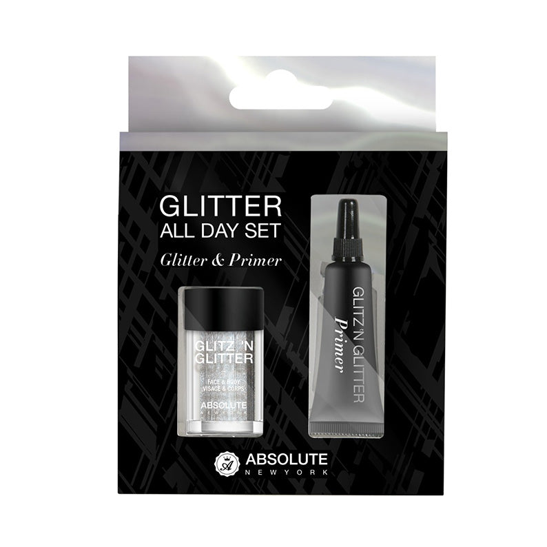 ABSOLUTE NEW YORK glitter makeup kit with glitter and primer in black packaging