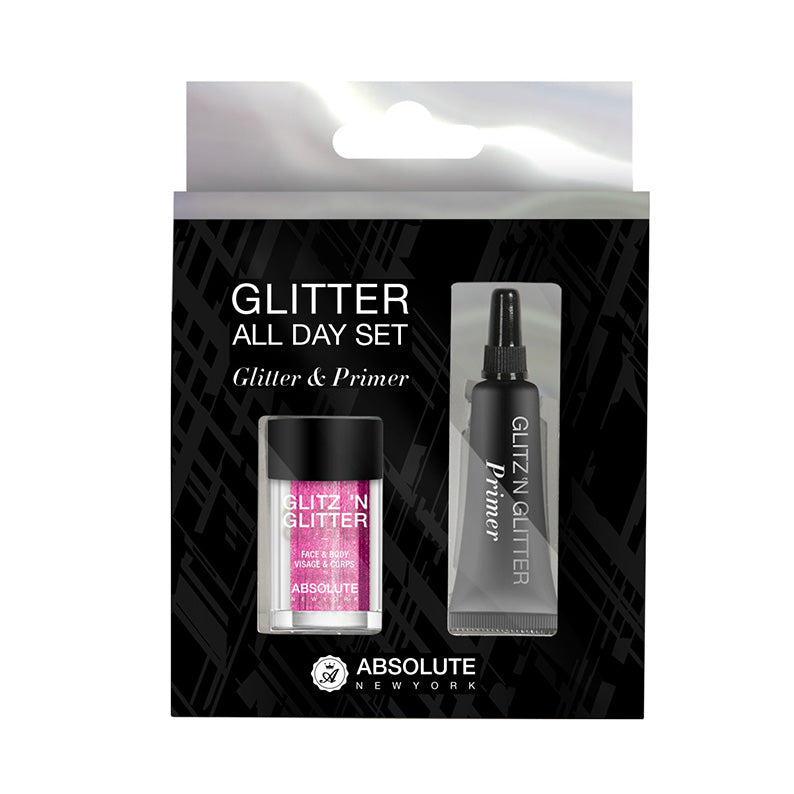 Absolute New York glitter makeup kit with glitter and primer in black and pink packaging