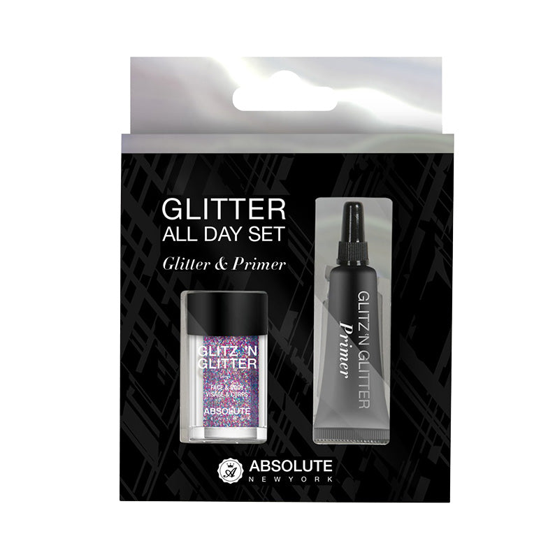 Absolute New York glitter makeup kit with glitter and primer in black packaging