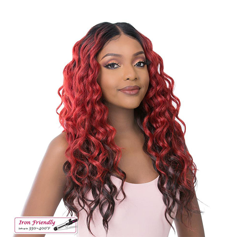 Model wearing ITS A WIG premium synthetic lace wig long wavy red ombre with dark roots and center part