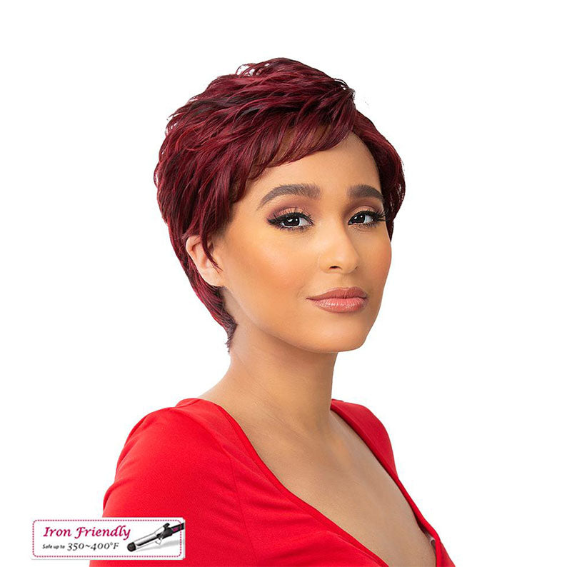 ITS A WIG short burgundy pixie premium synthetic wig for women styled with side swept bangs