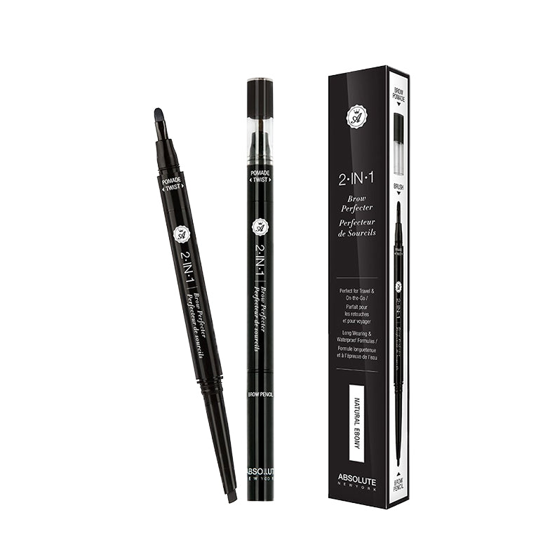 Absolute New York 2-in-1 brow pencil with dual ends and black packaging for precise eyebrow grooming