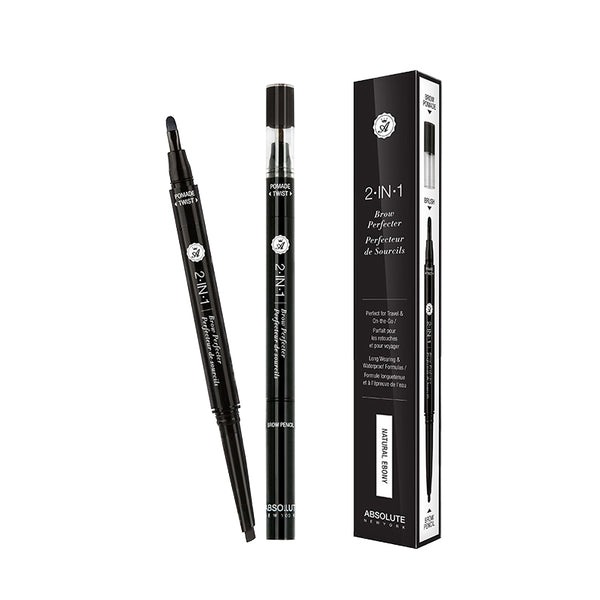 Absolute New York 2-in-1 brow pencil with dual ends and black packaging for precise eyebrow grooming