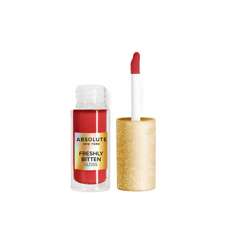 Absolute New York hydrating lip gloss in vibrant red with gold glitter cap and applicator wand