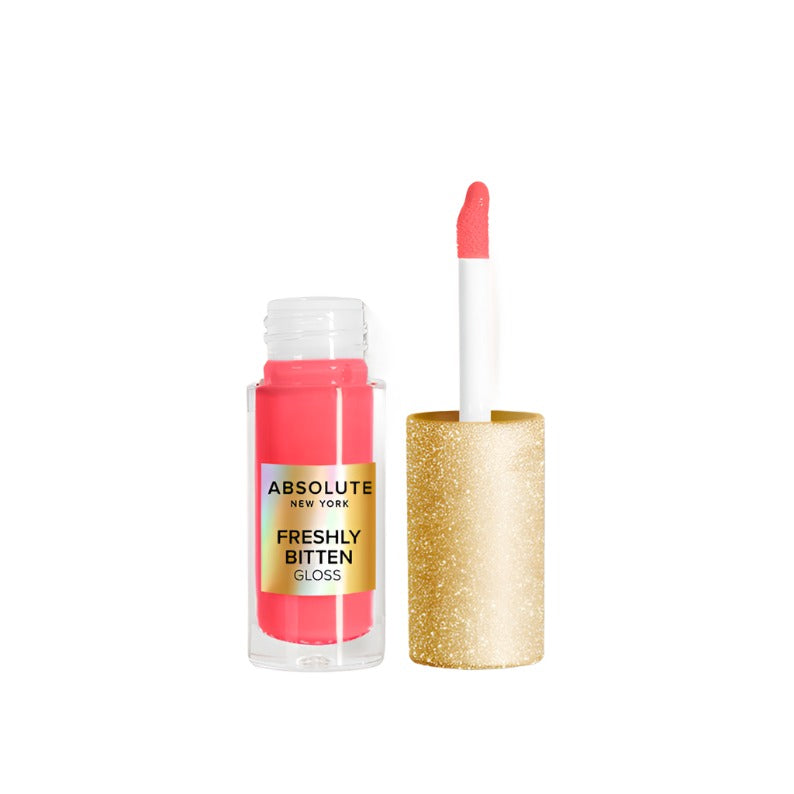 Absolute New York Freshly Bitten Gloss hydrating lip gloss in pink with gold cap and applicator