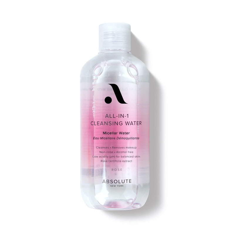 ABSOLUTE NEW YORK all in one cleansing water rose micellar makeup remover in clear pink gradient bottle