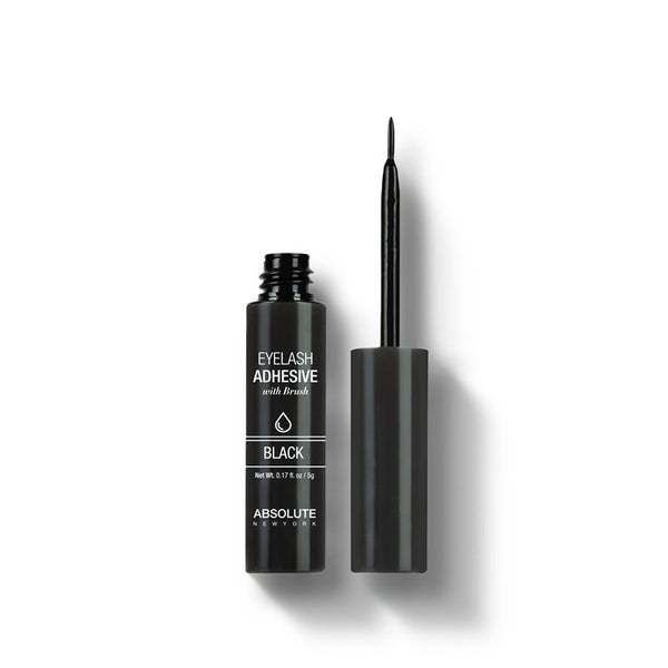 ABSOLUTE NEW YORK black eyelash adhesive with brush open tube and thin applicator wand on white background