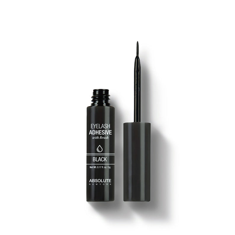 ABSOLUTE NEW YORK black eyelash adhesive with brush open tube and thin applicator wand on white background
