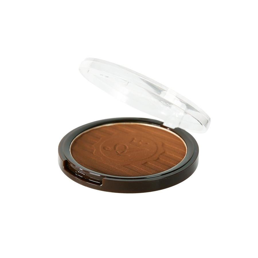 ABSOLUTE NEW YORK pro bronzer for glowing skin in warm brown pressed powder compact with clear lid