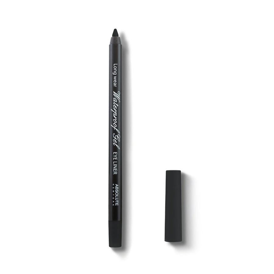 ABSOLUTE NEW YORK waterproof gel eyeliner pencil in black with cap removed on white background
