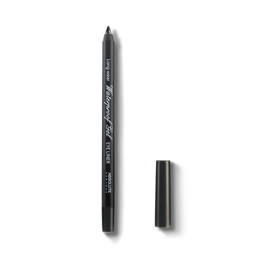 Absolute New York waterproof gel eyeliner pencil in black with cap off for precise eye makeup