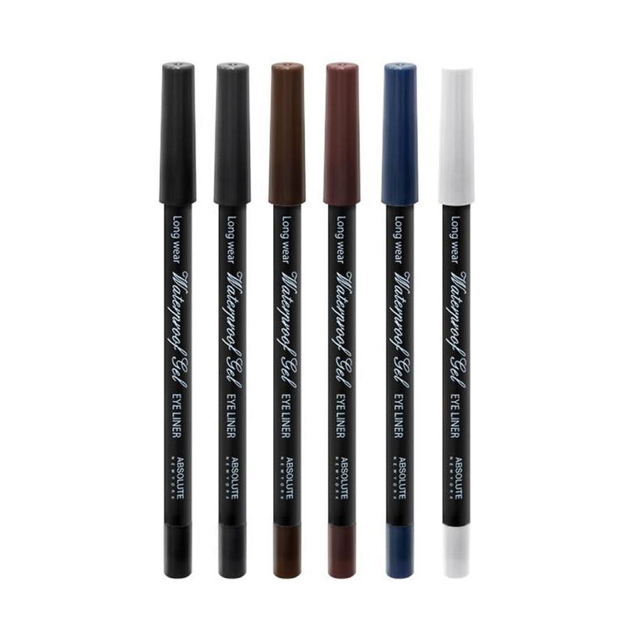 Absolute New York waterproof gel eyeliner pencils in six colors including black, brown, blue, and white