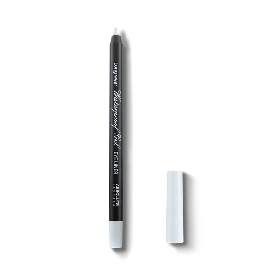 Absolute New York waterproof gel eyeliner pencil with black body and white cap on white background