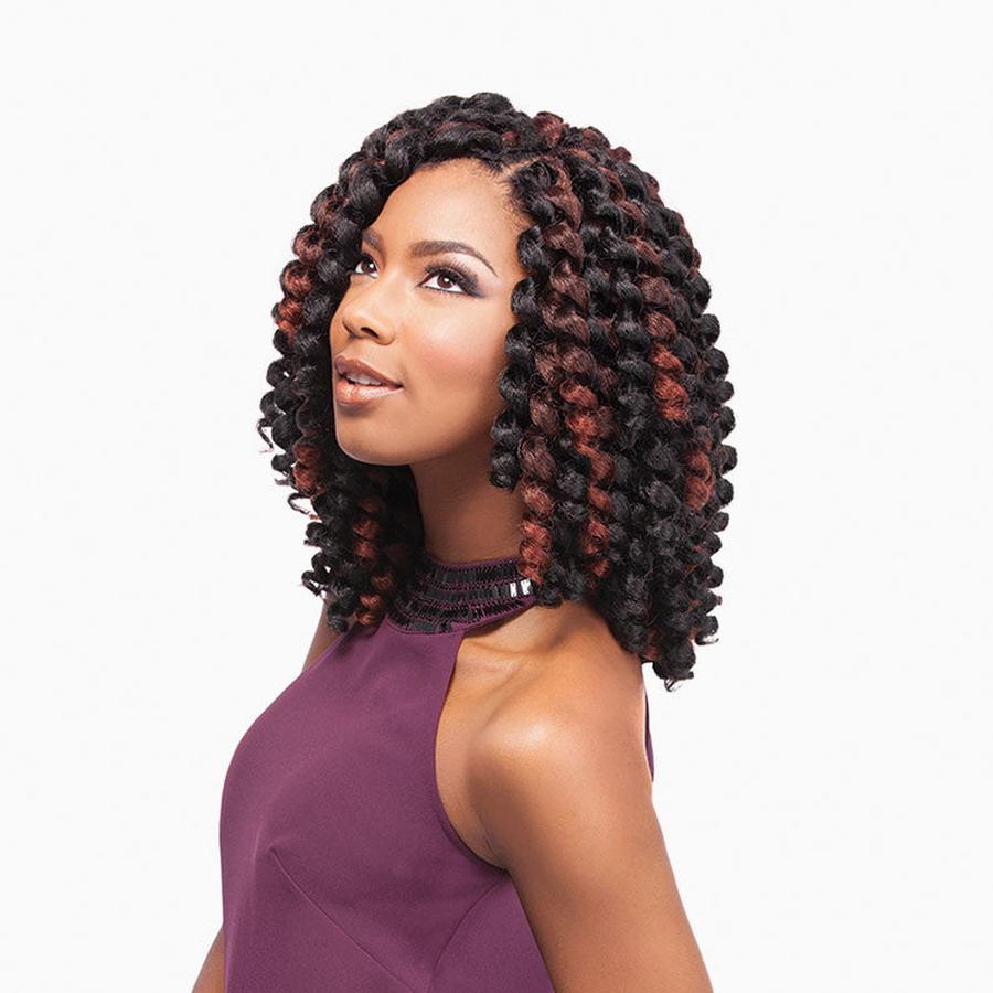 Sensationnel Jamaican Bounce Braid 26 inch curly spring twist braid in burgundy highlights on model