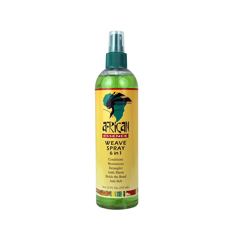 African Essence weave spray 6 in 1 green spray bottle with yellow label for conditioning moisturizing detangling
