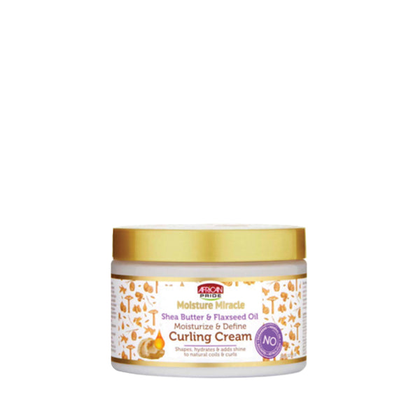 African Pride Moisture Miracle Shea Butter and Flaxseed Oil curling cream for natural hair in a white jar with gold lid